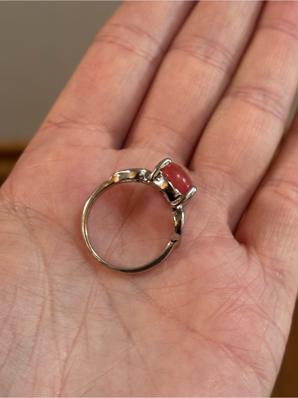 Silver Tone Pink Round Gemstone Statement Ring with Heart Cutouts - Picture 5 of 5